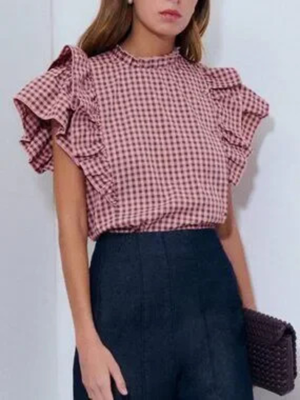 Blue Casual Women's Plaid Stand Collar Flutter Sleeves Top